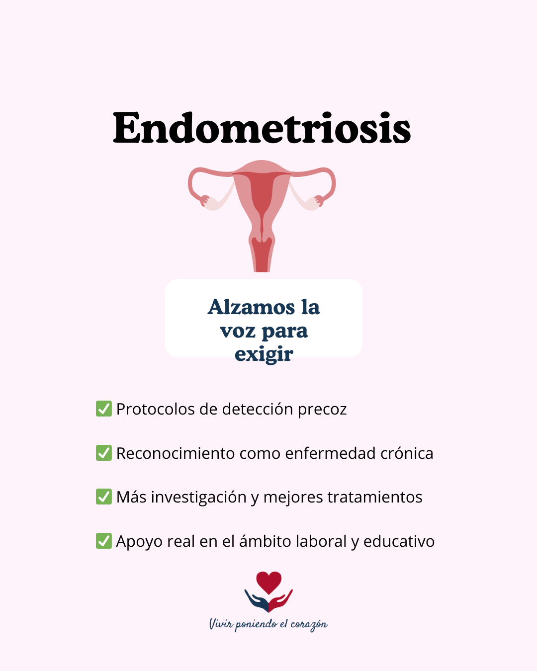 Endometriosis, la imagen de un útero. Escrito: alcemos la voz para que se visibilice, se estudie y se informe sobre esta enfermedad